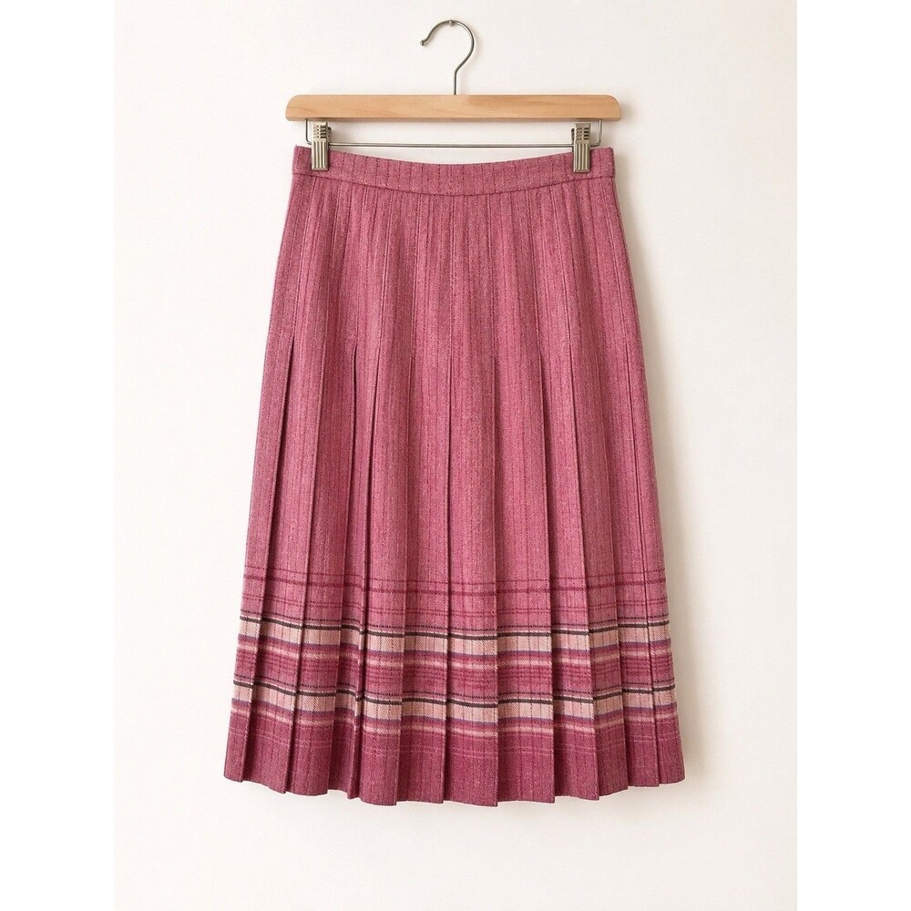 VTG Edinburgh Woollen Mill Midi Skirt Women 14 Pink Tartan Plaid Pure Wool Pleat